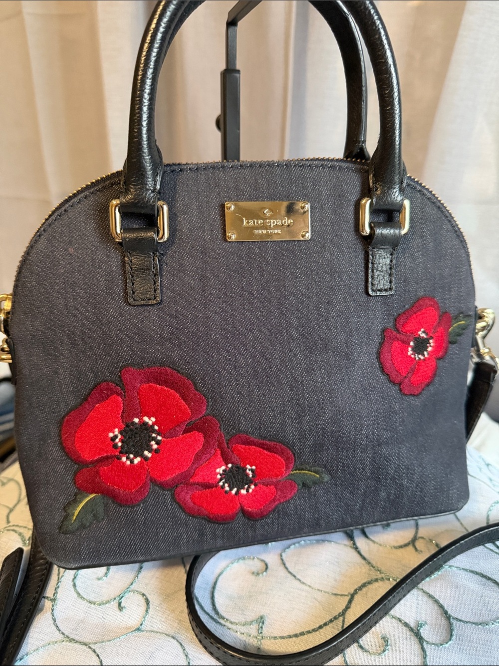 kate spade denim satchel with red poppy embroidery